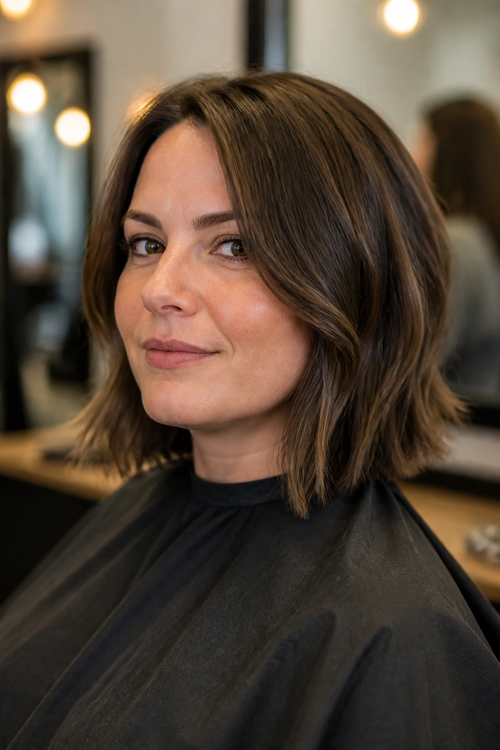 Close-up portrait of a real client in a salon chair wearing a cape with a mid-length bob