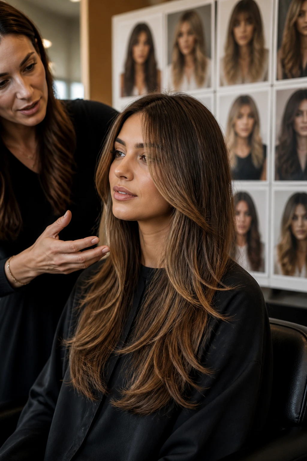 Client in salon chair with stylist guiding hairstyle options in background.