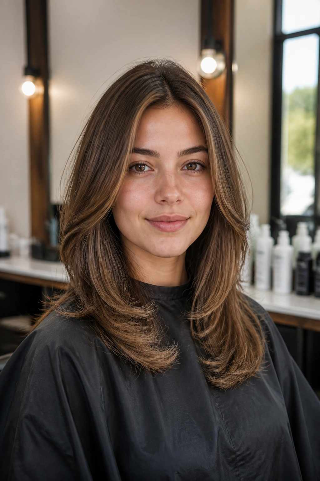 Portrait of a woman in a salon chair with neatly framed hair, ready for consultation