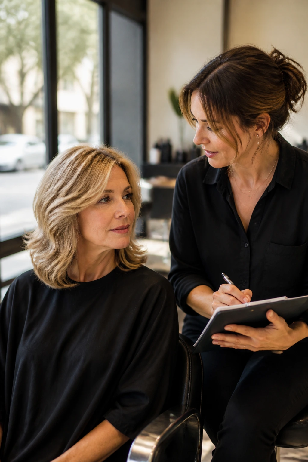 Salon consultation scene with client and stylist discussing soft layers