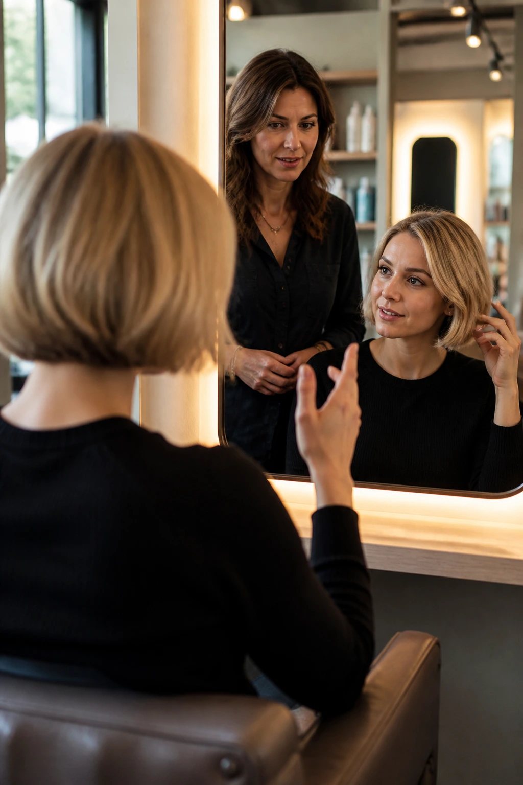 Portrait of a client and stylist in a salon, mid-consultation during a mirror reading discussion.