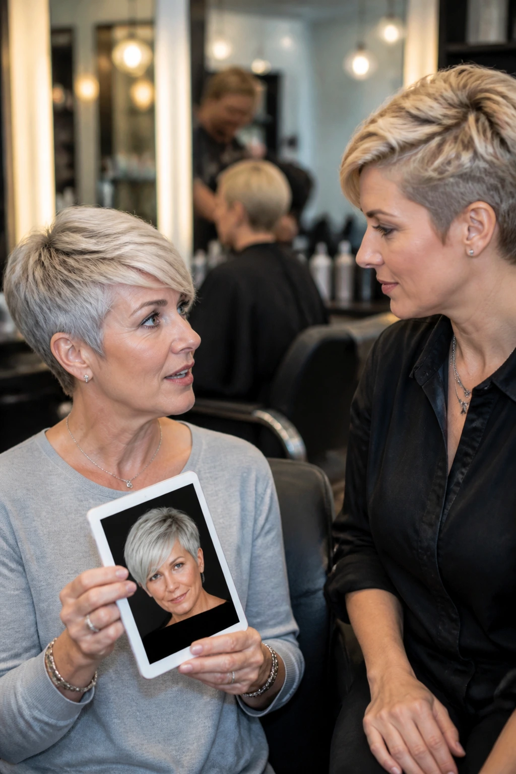 In-salon consultation scene between client and stylist about pixie cuts
