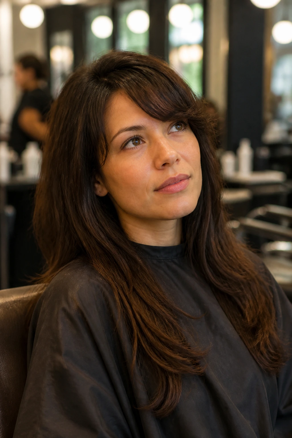 Close-up salon consultation portrait of a thoughtful client preparing to book a haircut