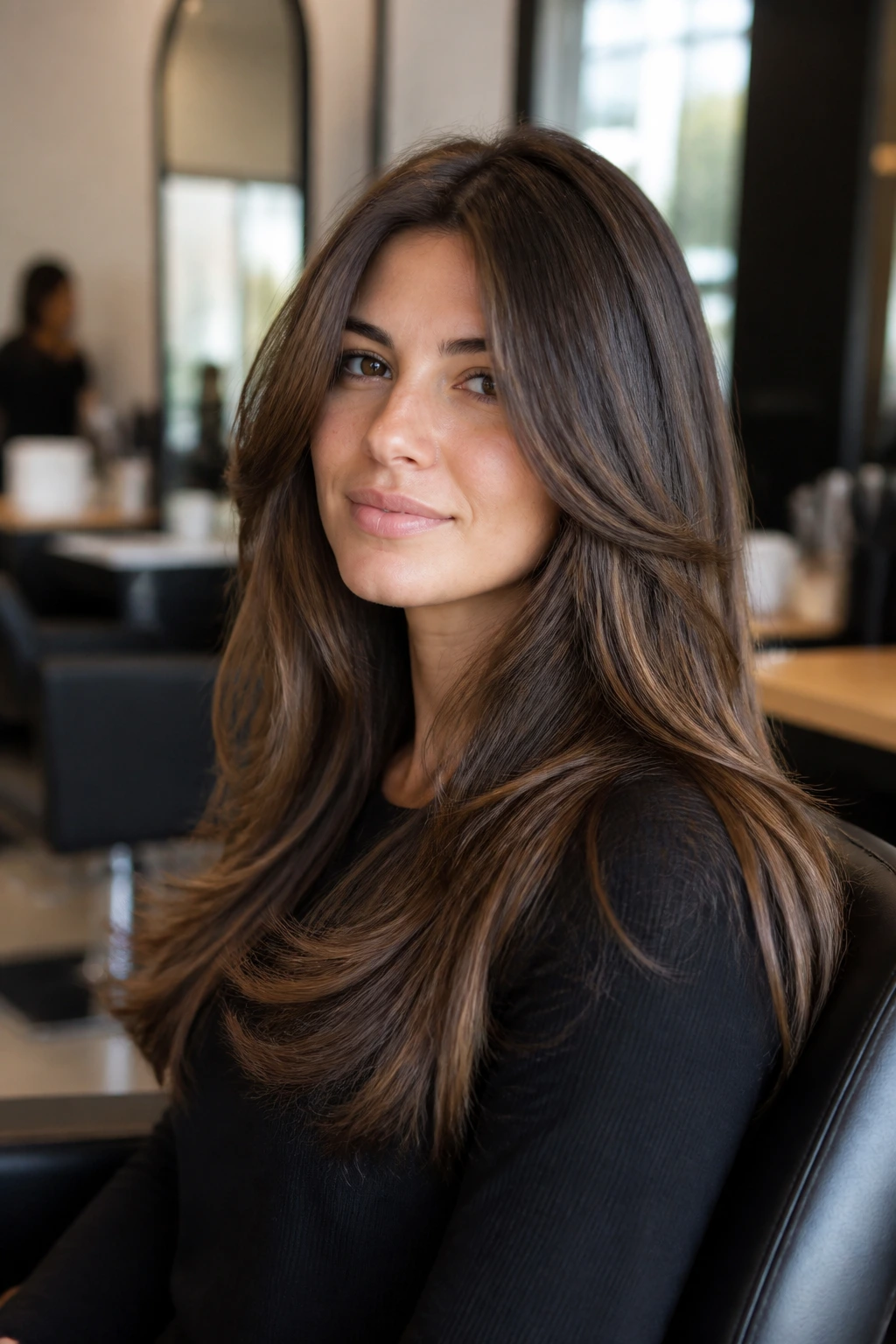 Portrait of a woman in a salon chair with layered hair in a calm setting
