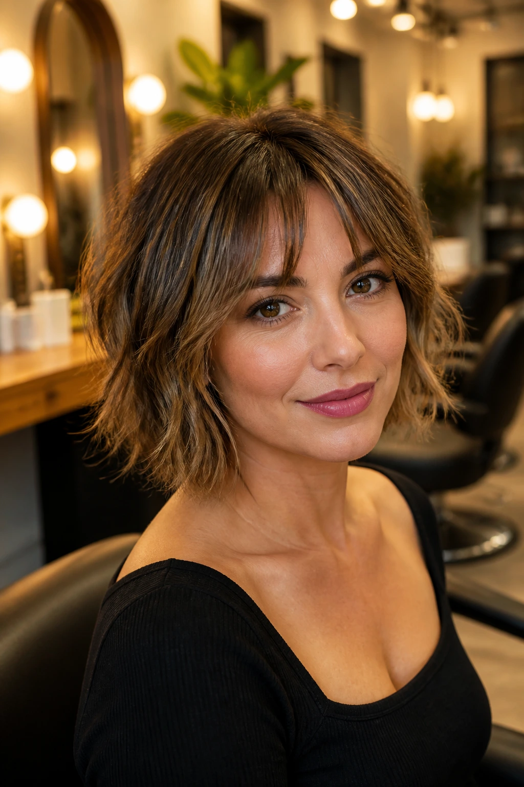 Portrait of woman in salon chair with a chic bob, ready to consult.