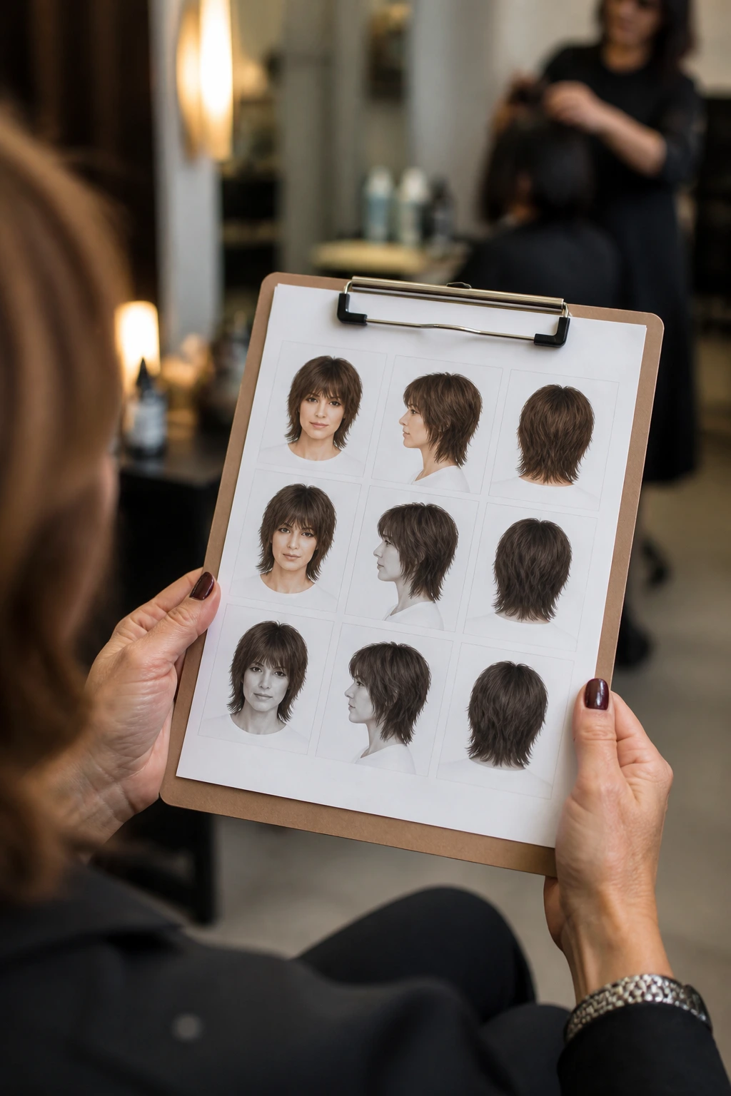 Close-up of a salon consultation with clipboard and head-view silhouettes guiding shag booking