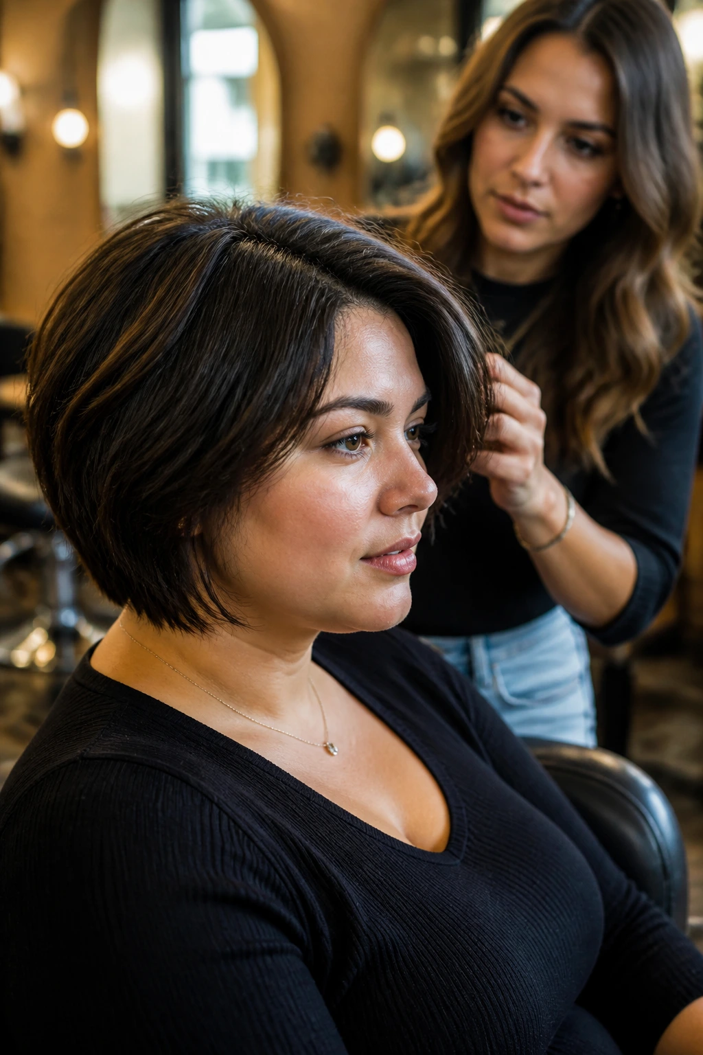 Portrait of a client in a salon discussing a short bob for a round face.