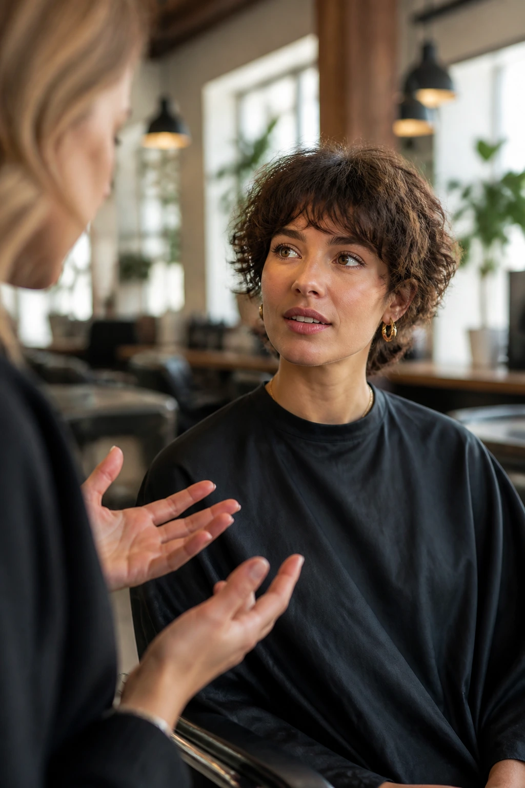 Close-up of a client in a salon consult about first snip for a short wavy cut