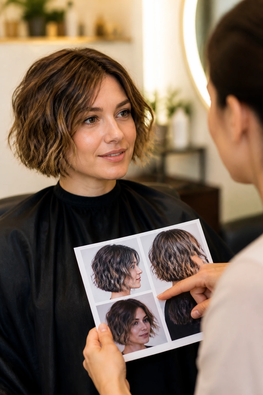 Medium close-up of a real woman discussing a short wavy bob with a stylist in a salon