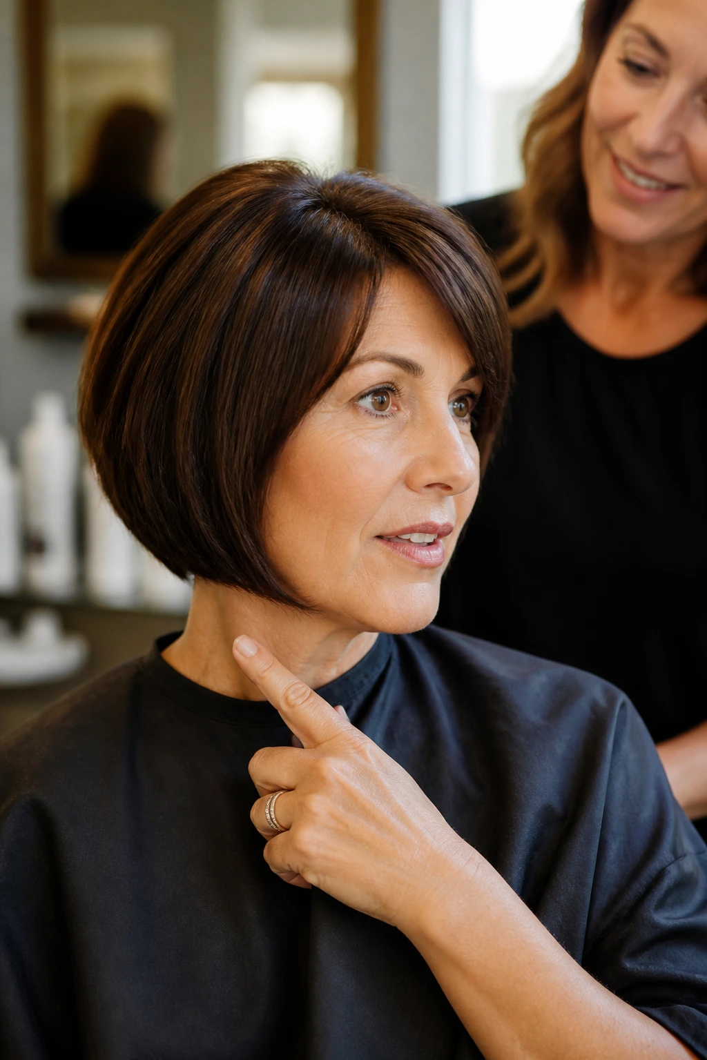 Close-up of a woman in a salon chair discussing neckline and weight of her thick bob with a stylist nearby