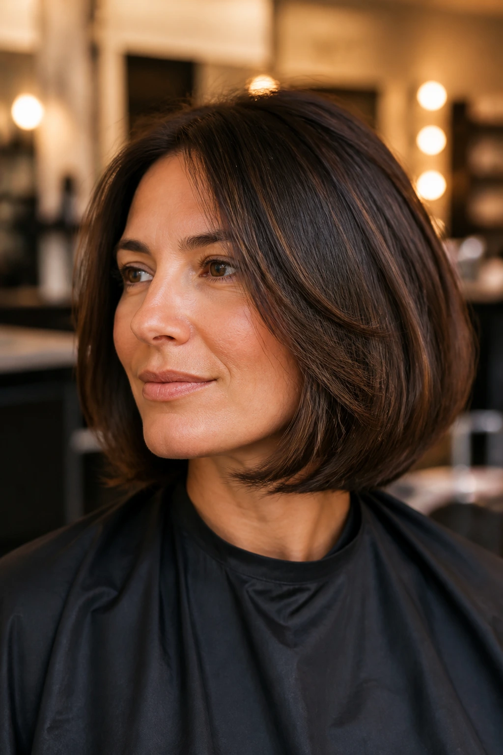 Close-up portrait of a woman in a salon chair discussing a haircut for thick hair