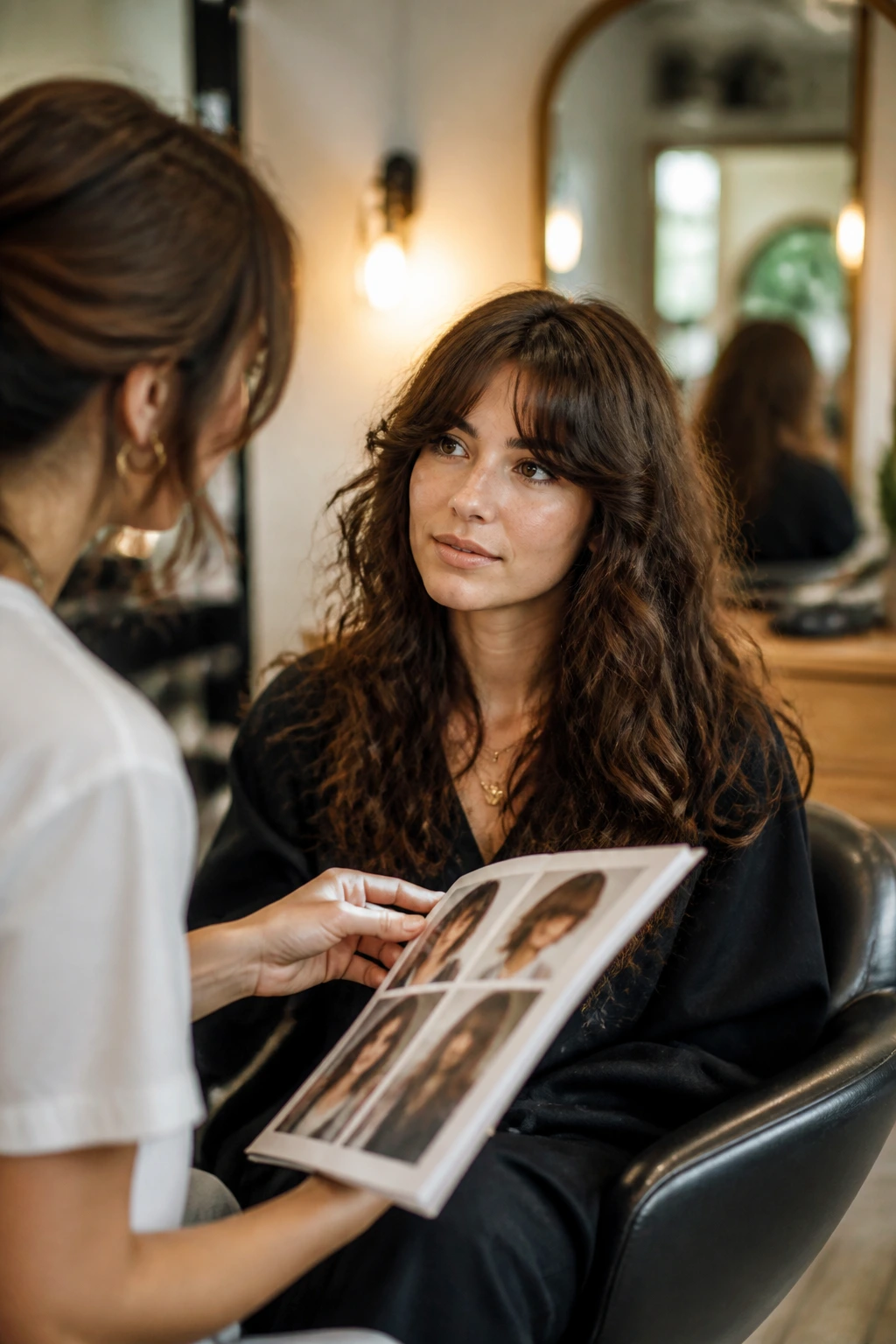 Portrait of a client in a salon consultation about thick waves and bangs.