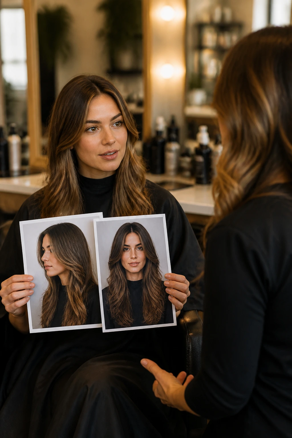 Client in a salon consults with a stylist, holding two photos to guide layers and length.