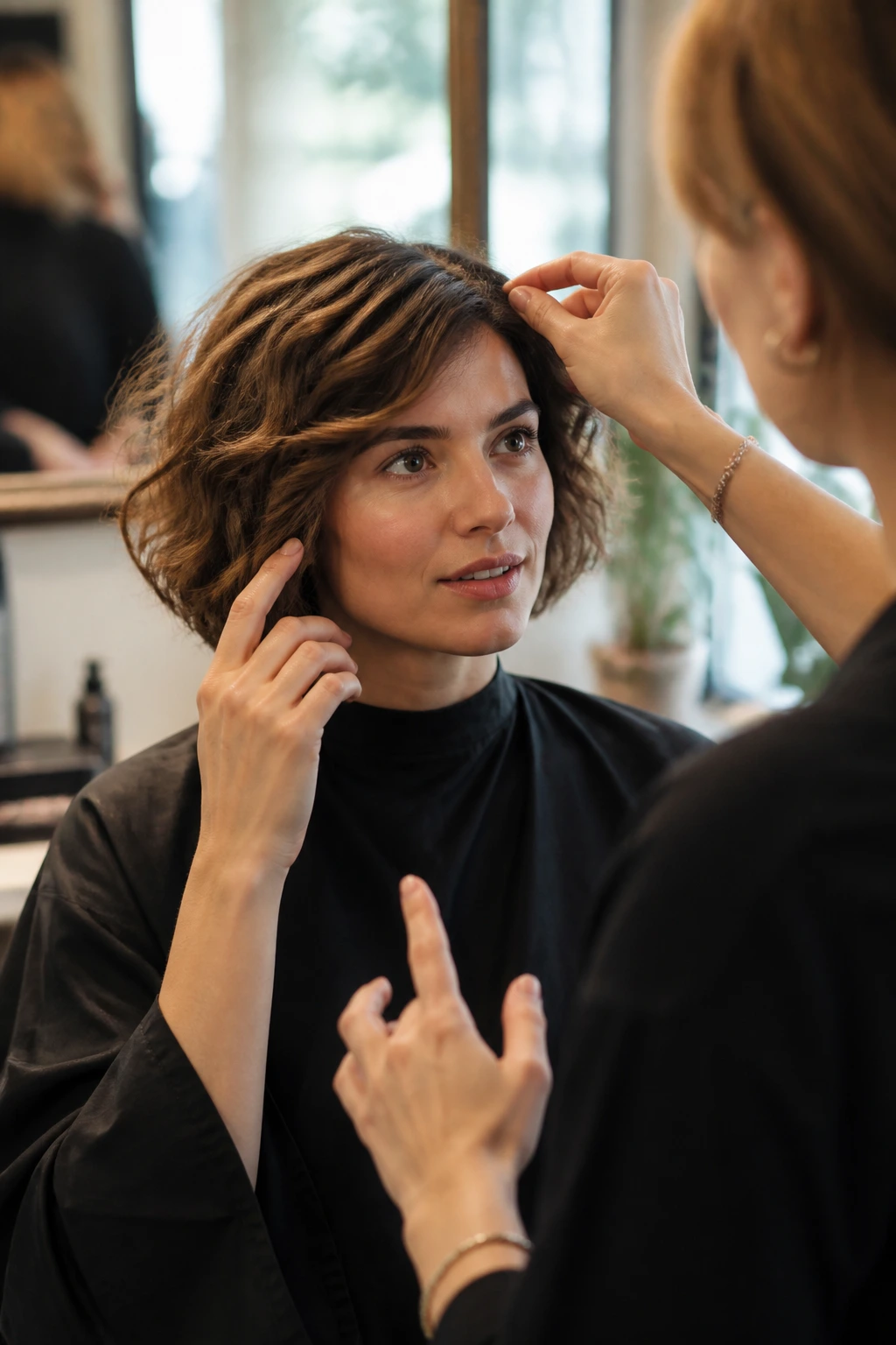 Portrait of a client in a salon chair discussing dry-length and part decisions with a stylist