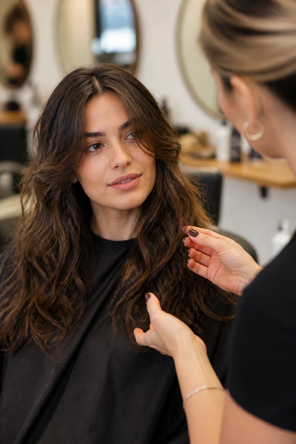 Portrait of client and stylist in a salon discussing layered haircut
