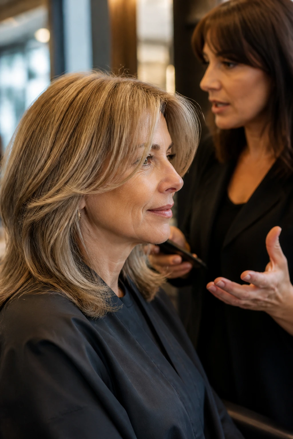 Portrait of a woman with curtain bangs talking with a stylist in a salon.