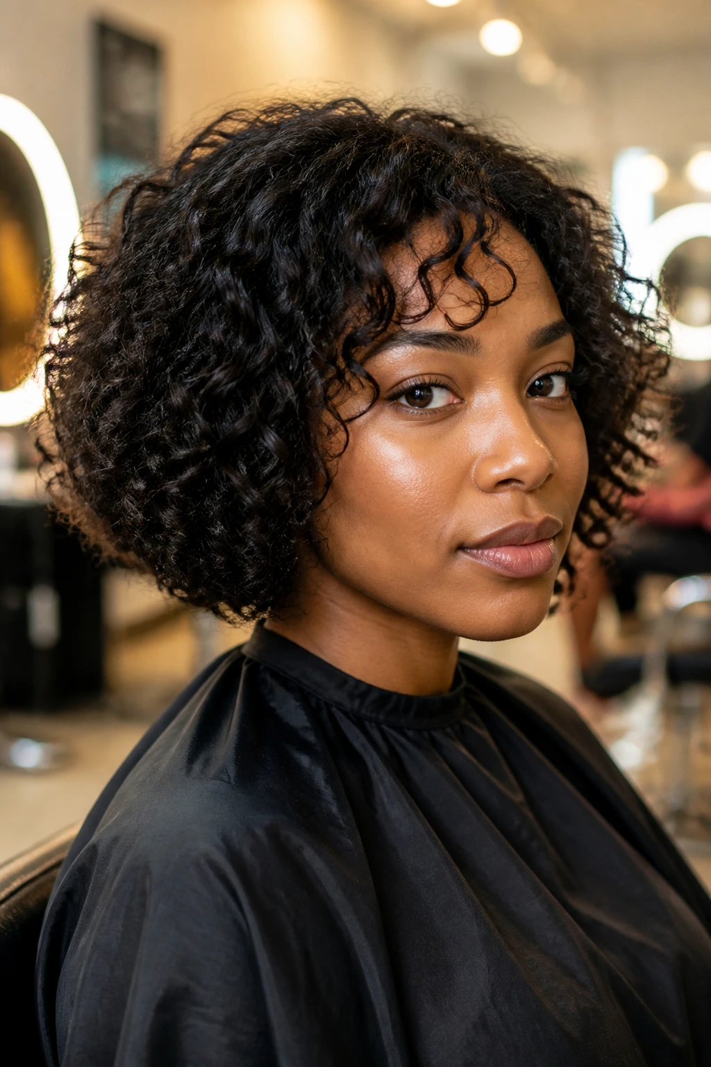 Close-up portrait of a real Black woman in a salon chair with a curly bob