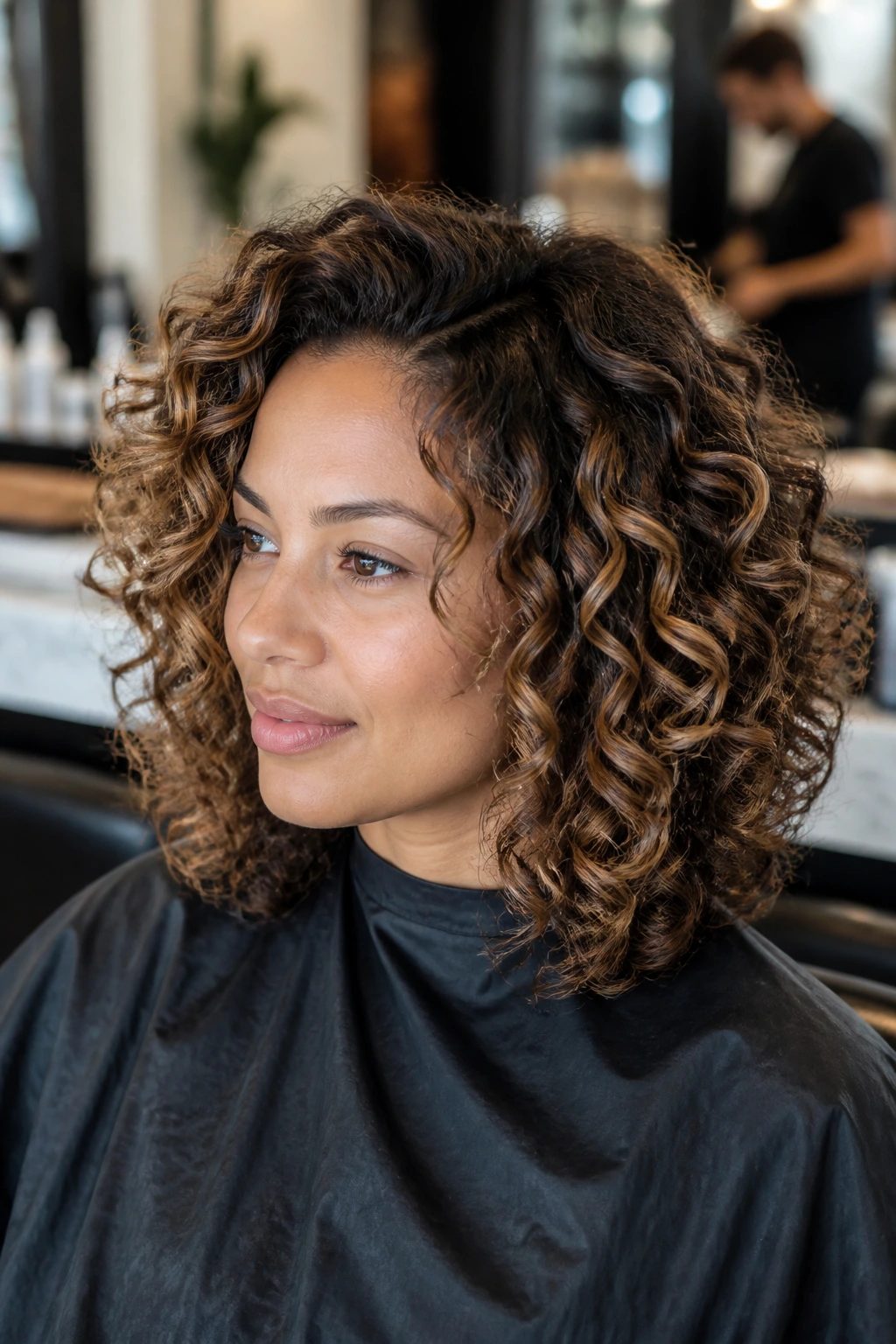 Portrait of a person with curly hair seated in a salon chair
