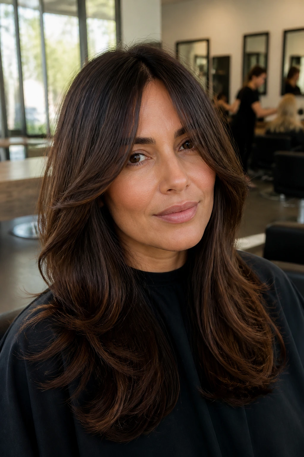 Real woman in salon chair with curtain bangs, ready to discuss styling