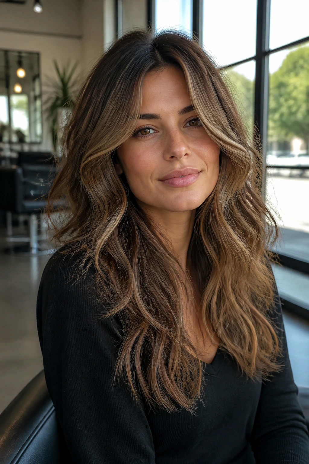 Close-up of a real person with a customized layered cut on thick hair