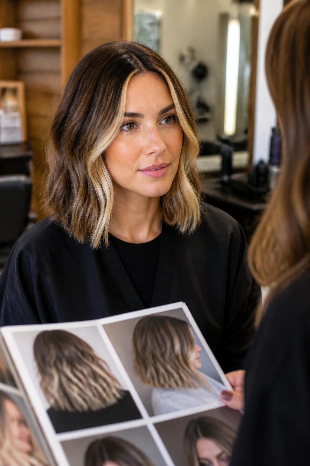 Person in a salon chair discussing lob cut and color with their stylist