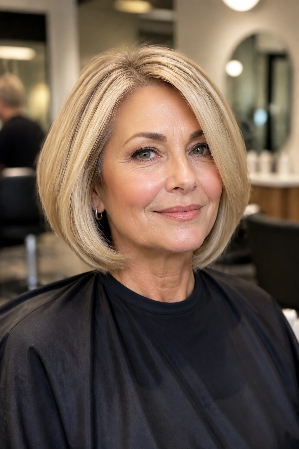 Real woman in salon chair with a well-shaped blonde bob