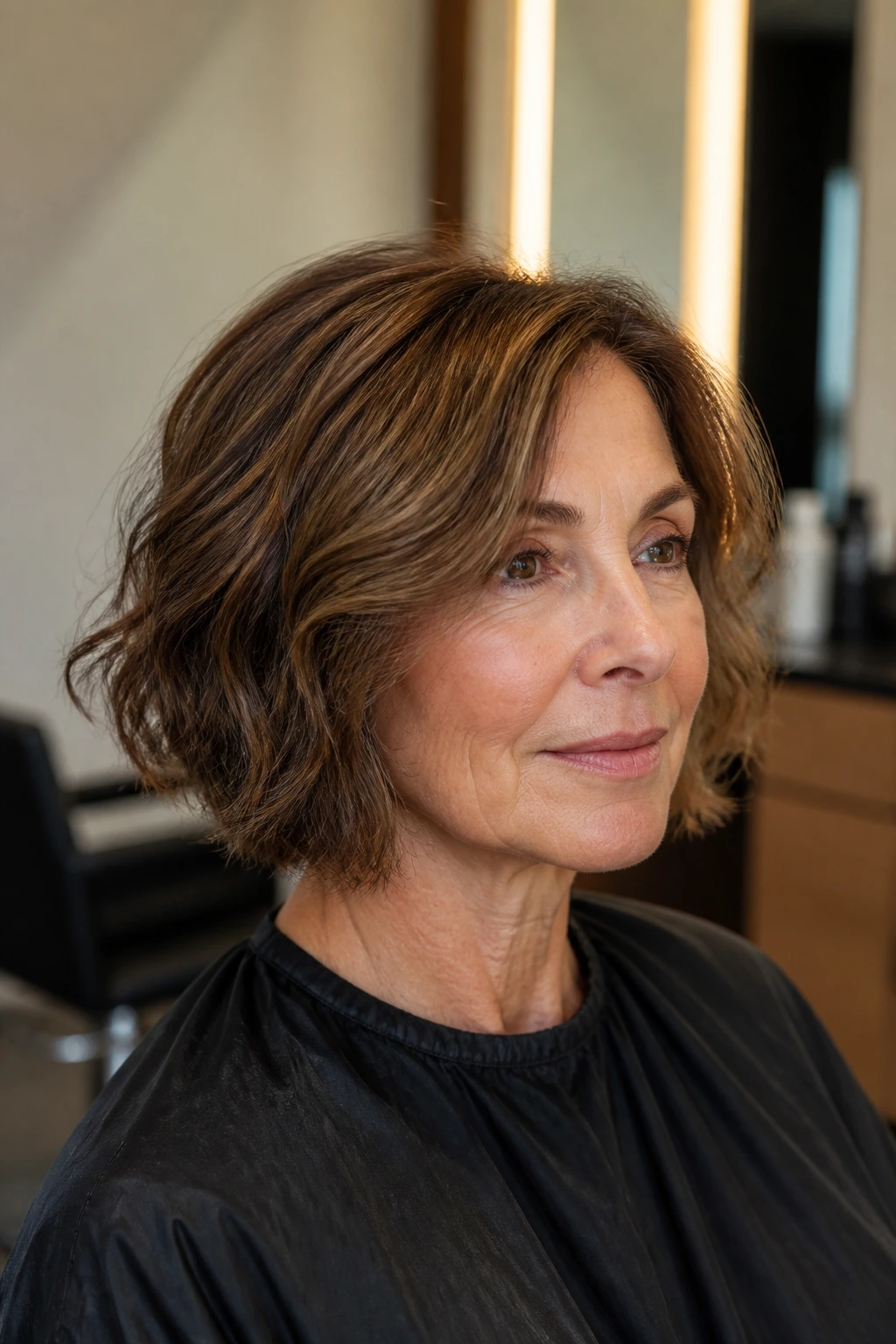 Real woman in salon chair with freshly styled bob.