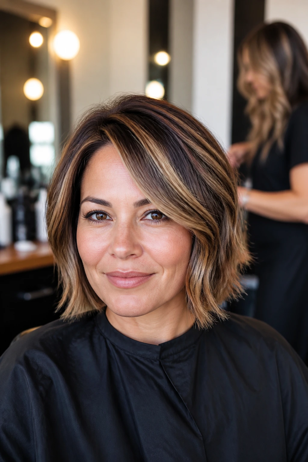 Client in salon chair with caramel shaded hair and cut