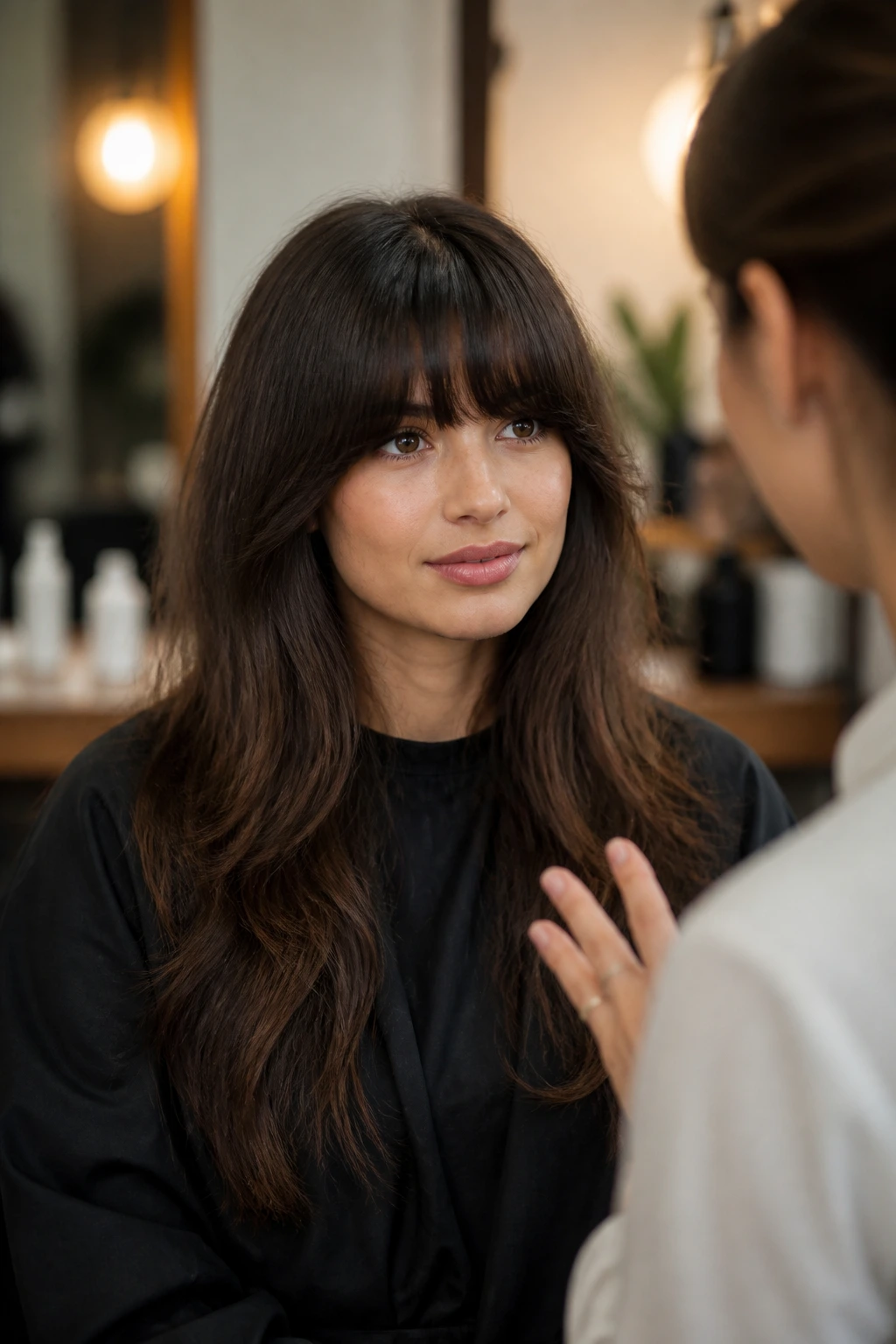 Real person in a salon chair discussing fringe, close-up portrait