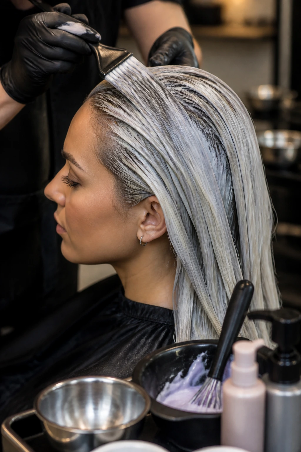 Salon scene showing a real client with silver hair being treated by a colorist