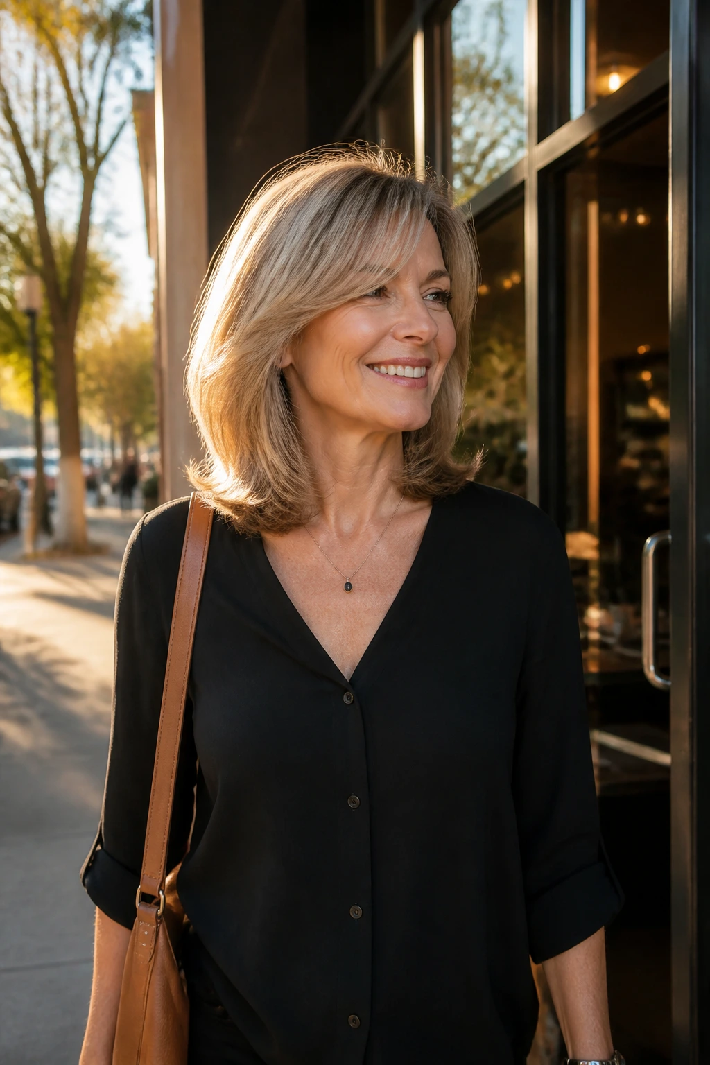 Real woman exiting salon with collarbone-length layered cut