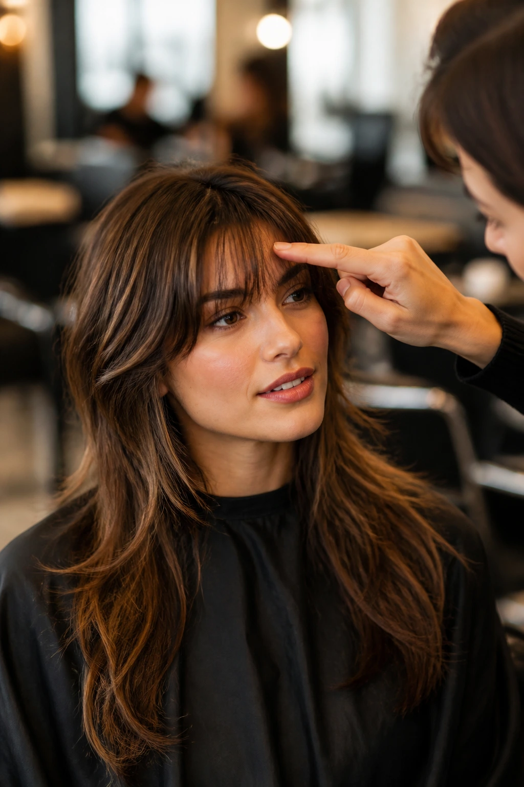 Close-up client in salon chair during fringe-length consultation with stylist