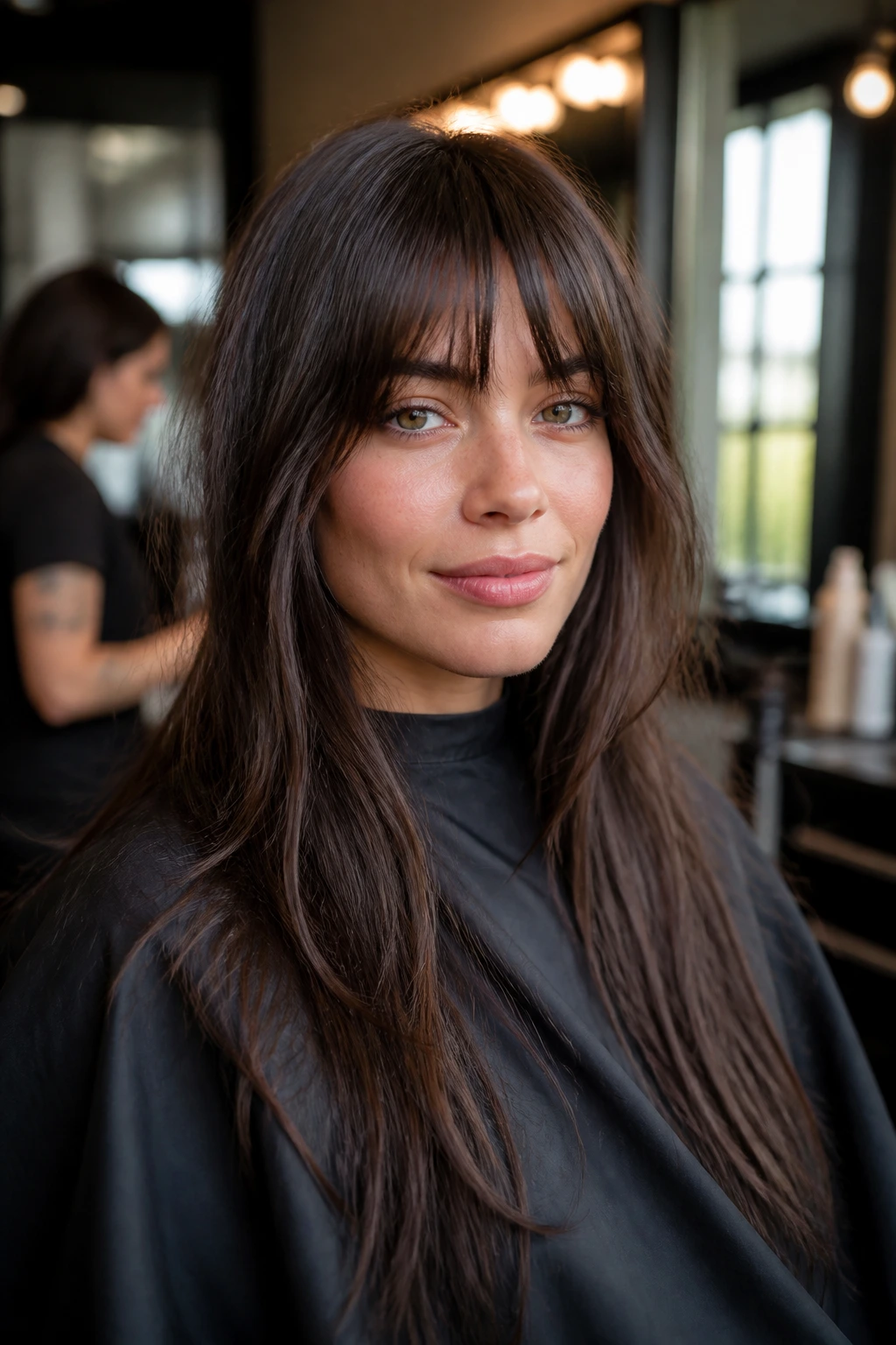 Real person in salon chair discussing fringe look