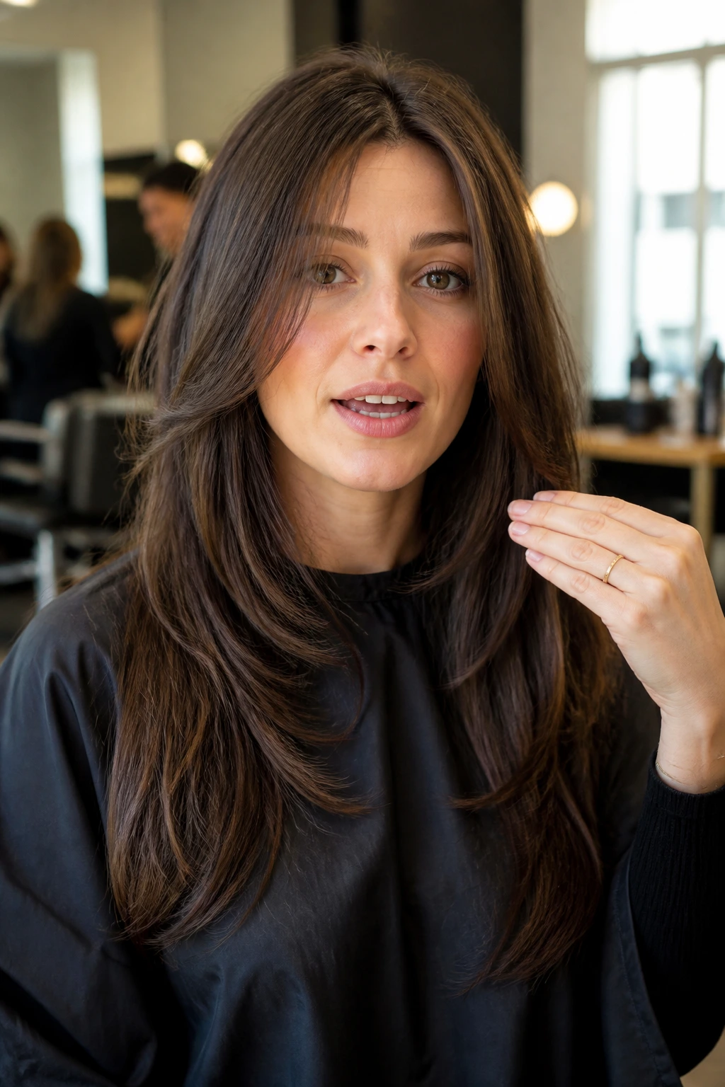 Close-up portrait of a real woman in a salon chair discussing precise face-framing length