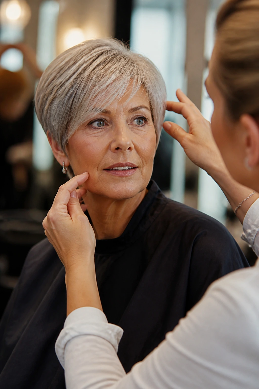 Woman in a salon discussing haircut shape with a stylist.