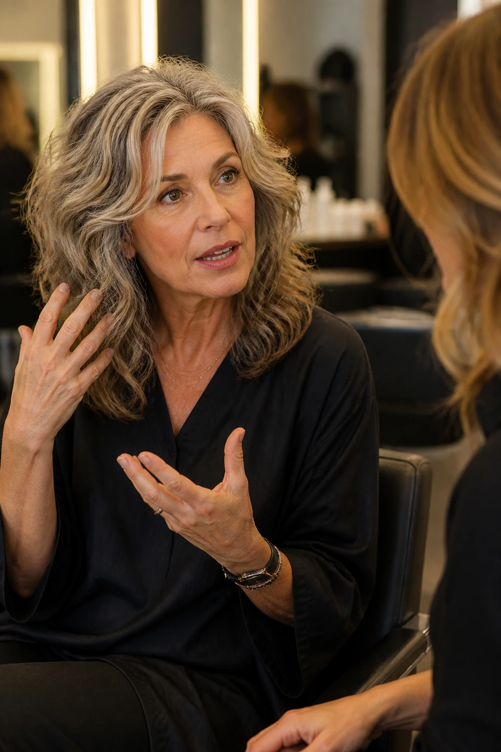 Client and stylist discuss wavy haircut shape in a salon