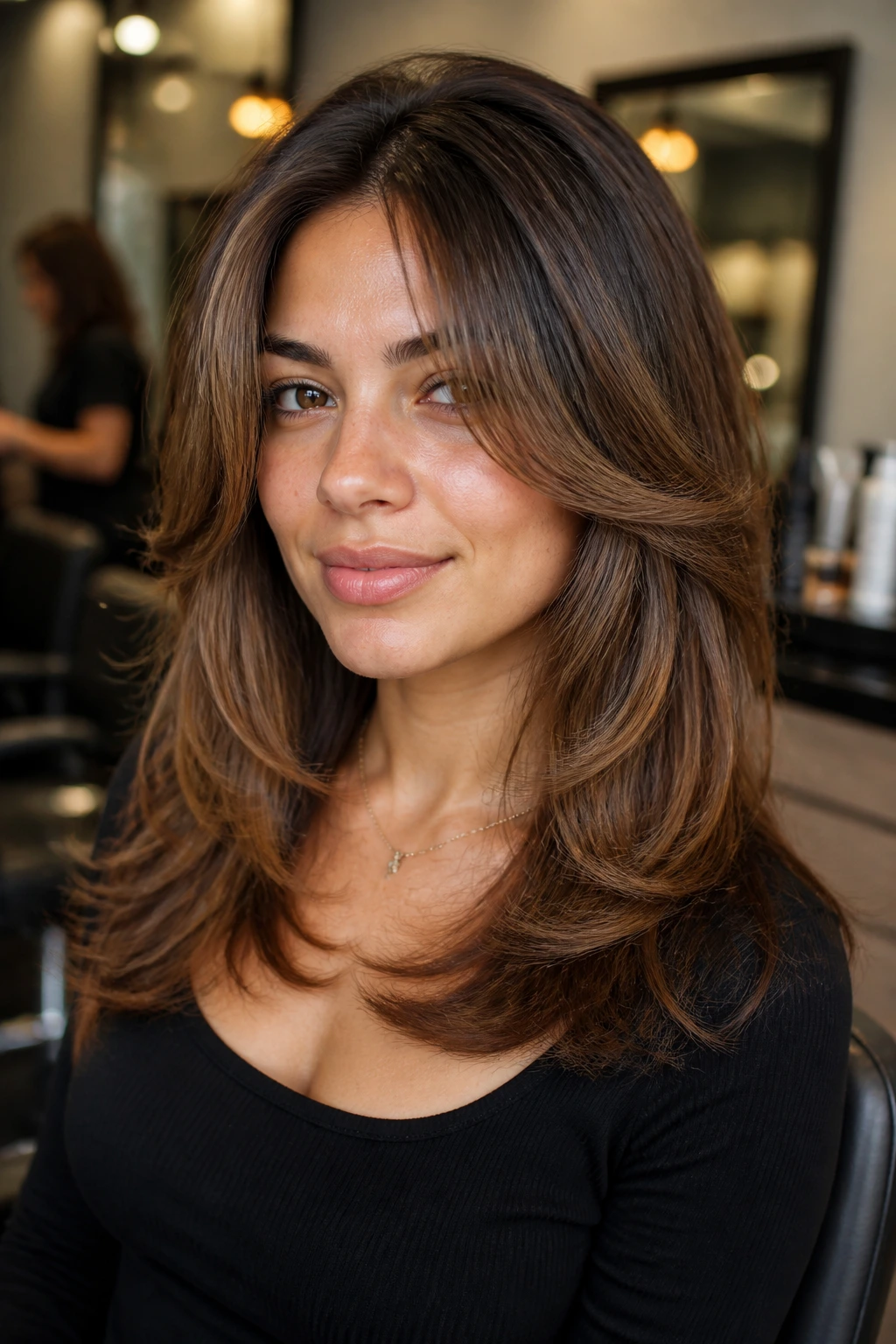 Portrait of a real woman in a salon chair showing a collarbone-length face-framing feather