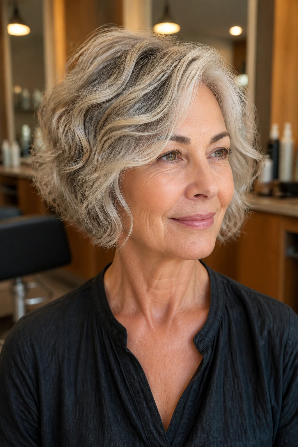 Close-up of real woman with clearly defined wavy haircut