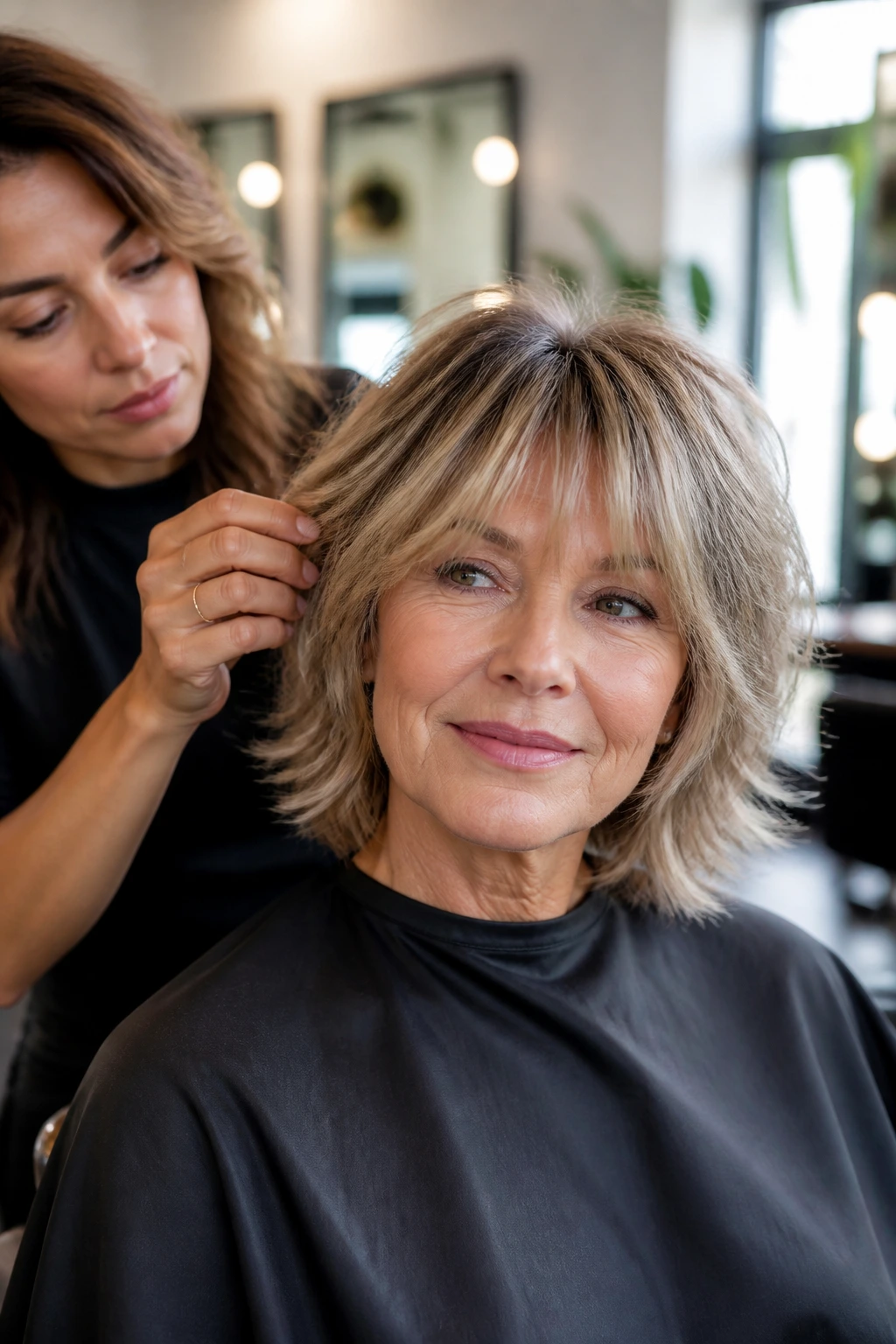 Close-up of a real woman in a salon chair discussing shape with a stylist and curtain bangs