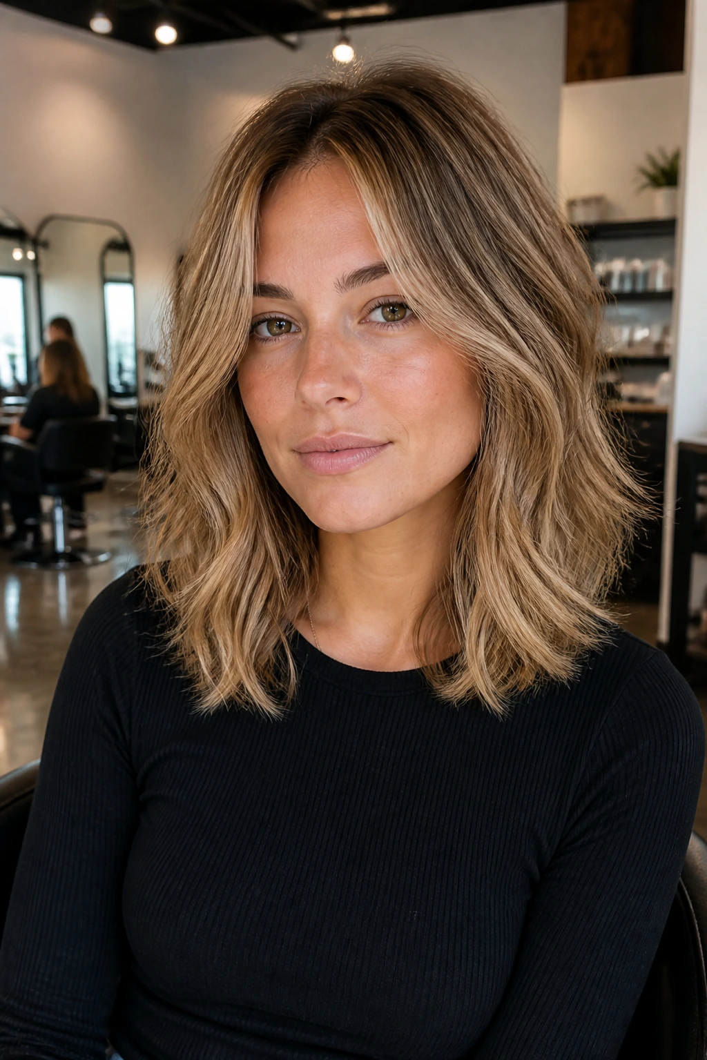 Real person in salon chair showing medium-length cut with face-framing layers.
