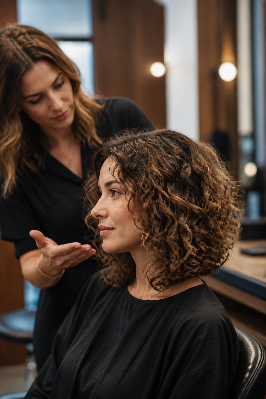 Client in salon chair discussing angled haircut with stylist