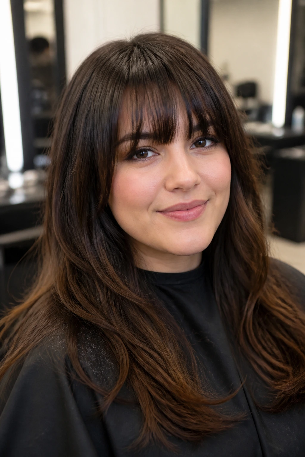 Portrait of a woman in a salon chair showing bangs for haircut