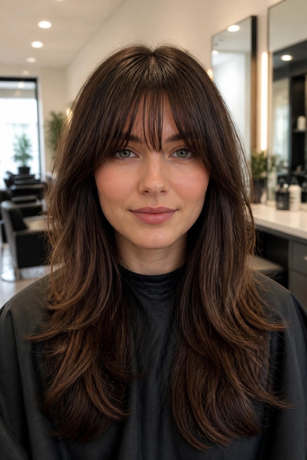 Portrait of a person in a salon chair with layered bangs ready to be cut
