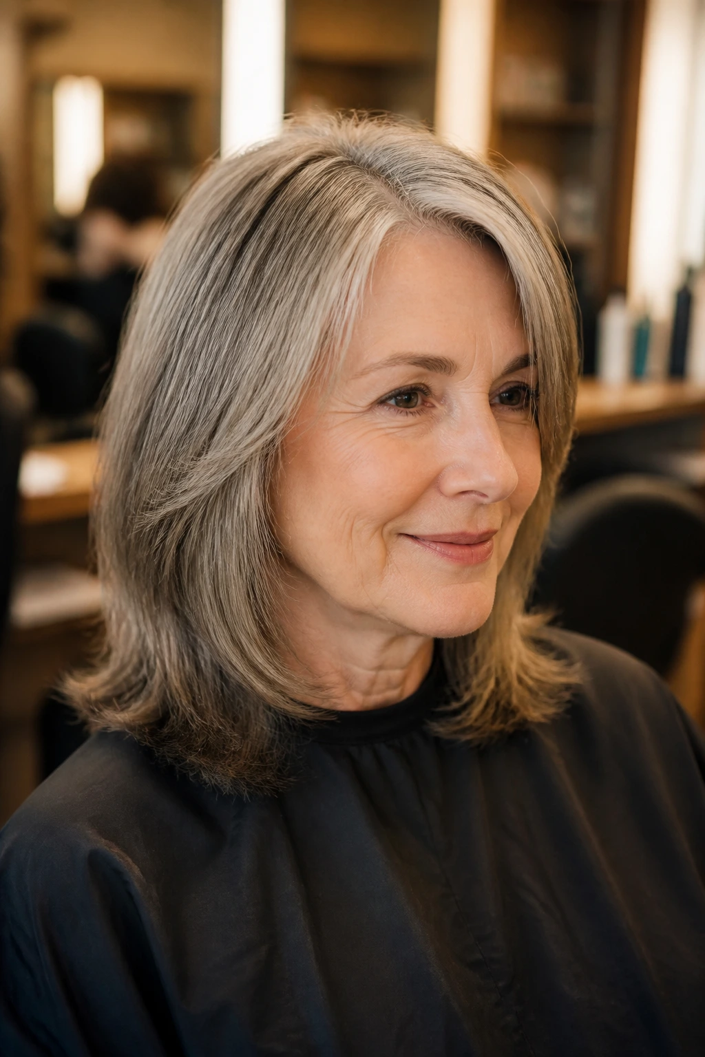 Real woman in salon chair with balanced medium-length cut