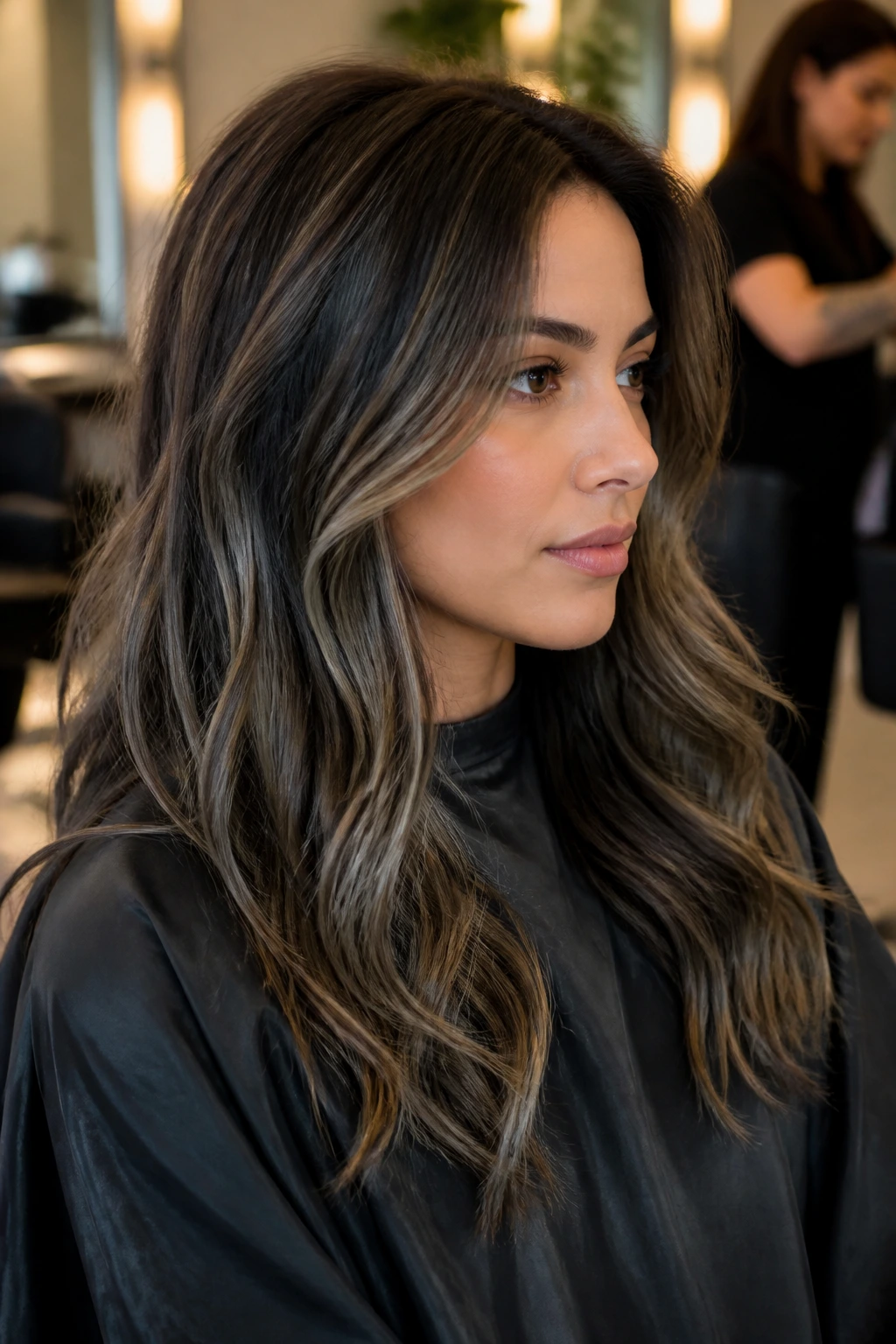 Portrait of a real person in a salon chair with cool-toned dark brown highlights