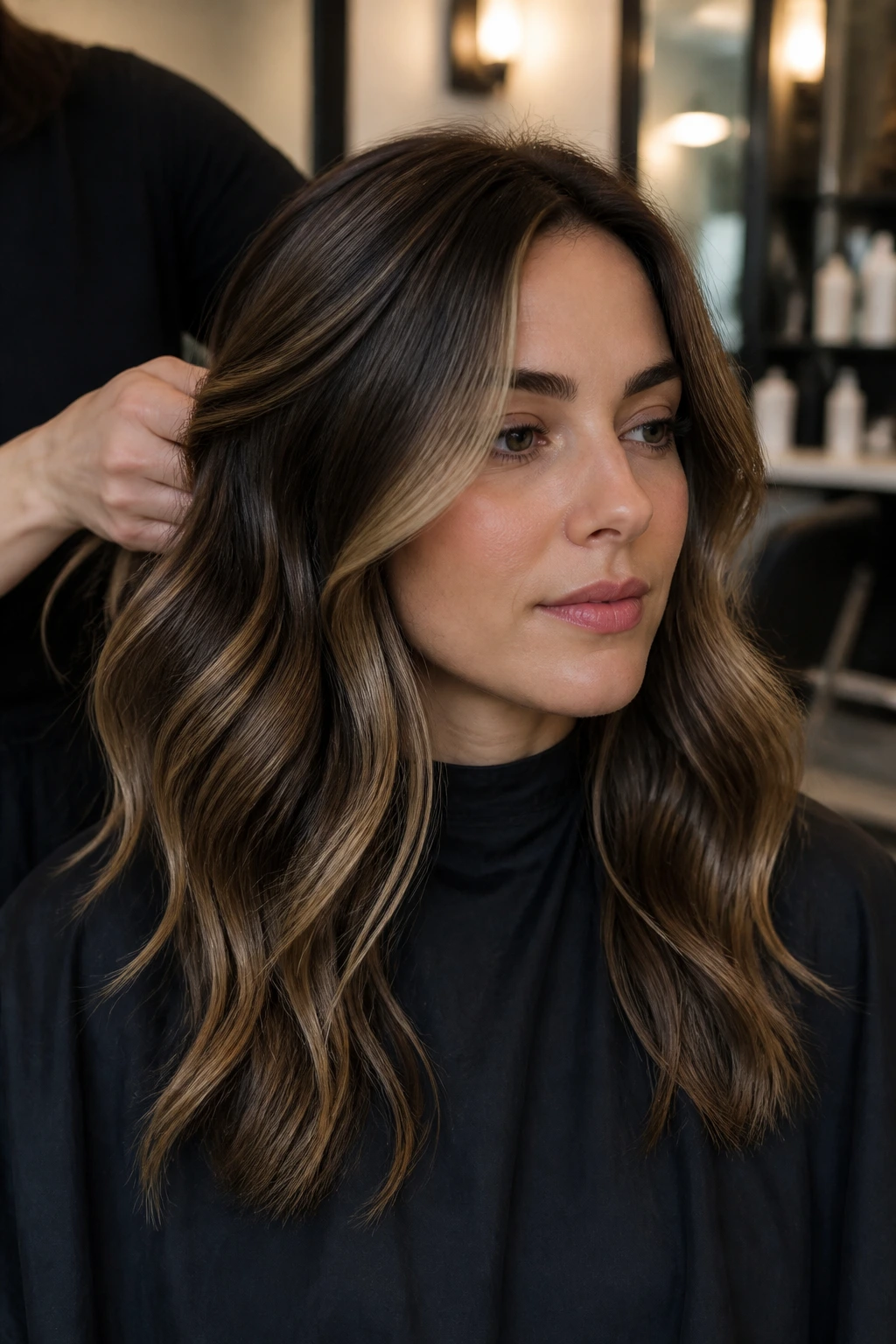 Portrait of a woman in a salon chair showing dark brunette base with beige honey pieces.