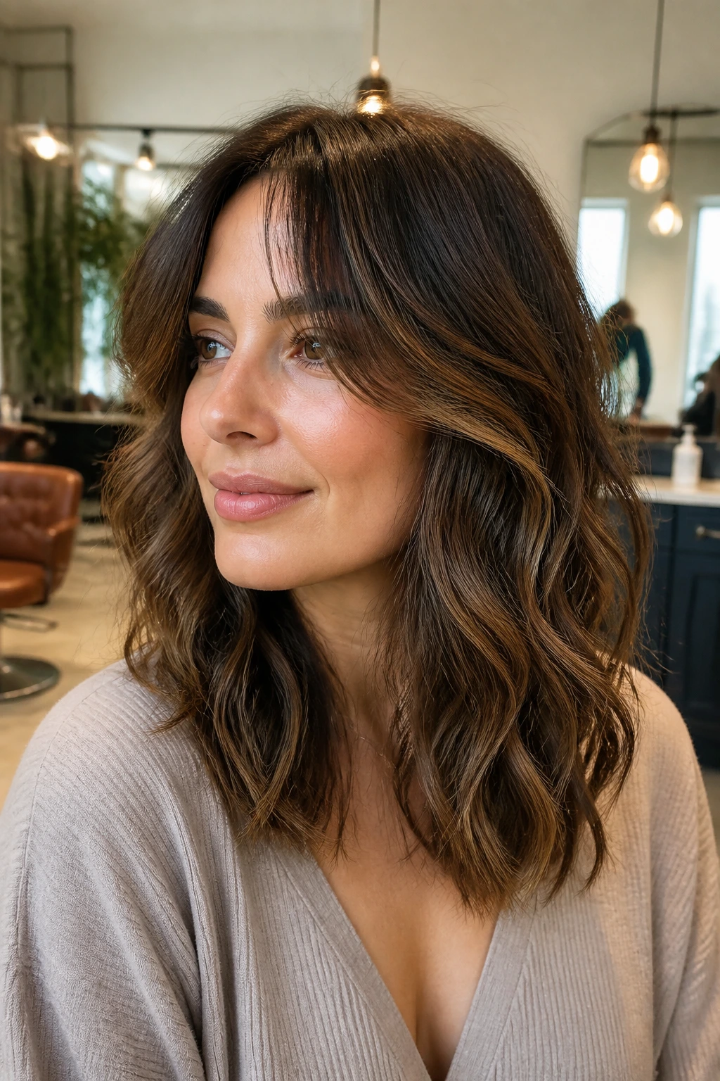 Portrait of a person with a layered haircut in a salon.
