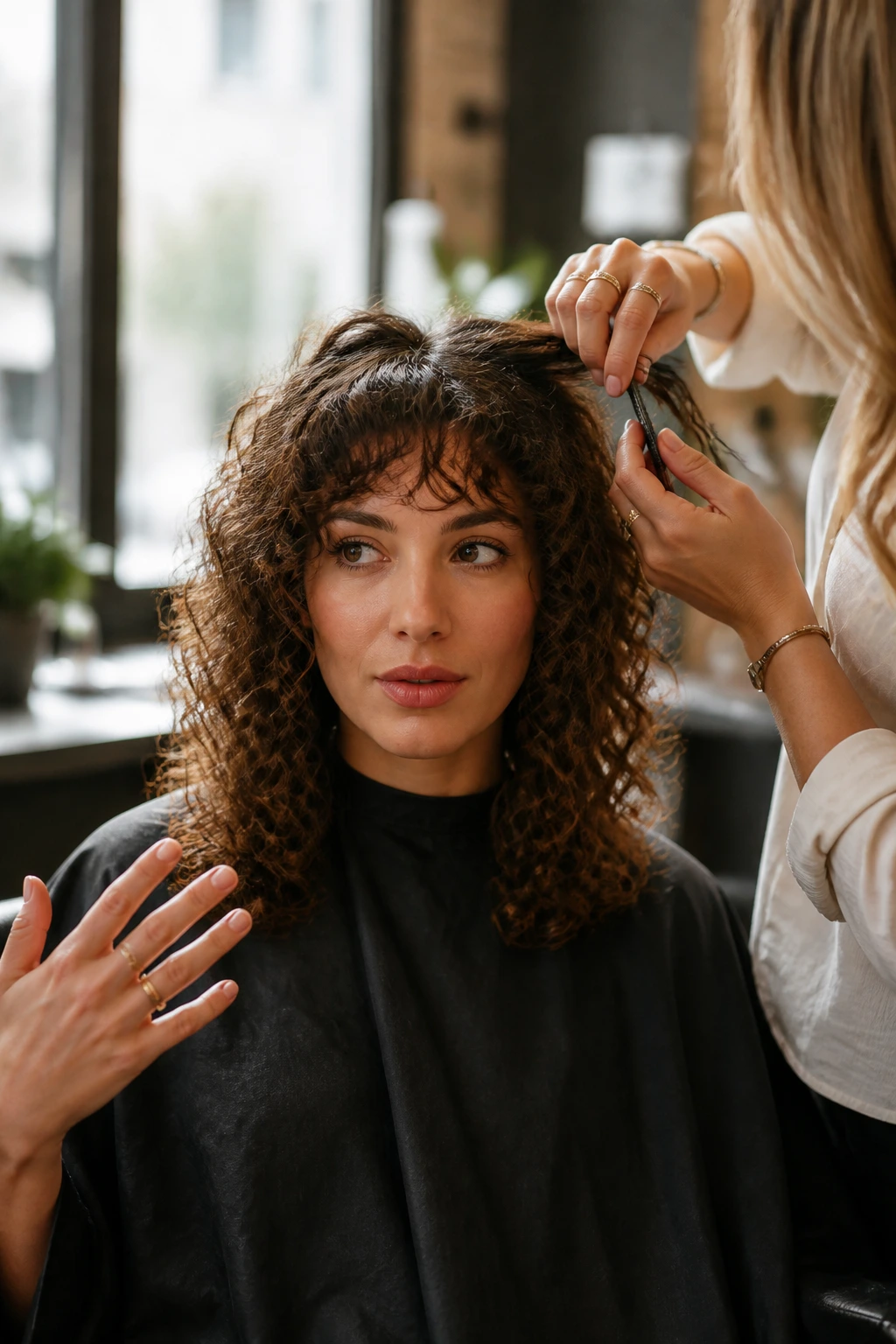Real client in a salon chair discussing long layers with a stylist
