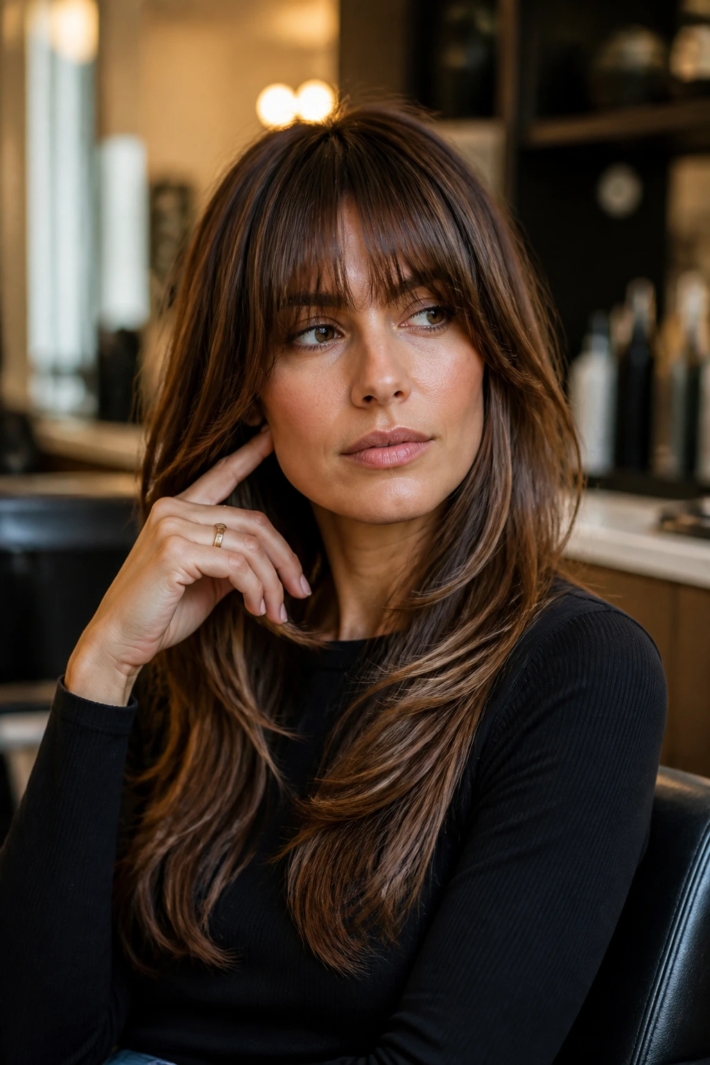 Portrait of a woman in a salon chair with long layered hair and bangs, thoughtfully considering her salon request