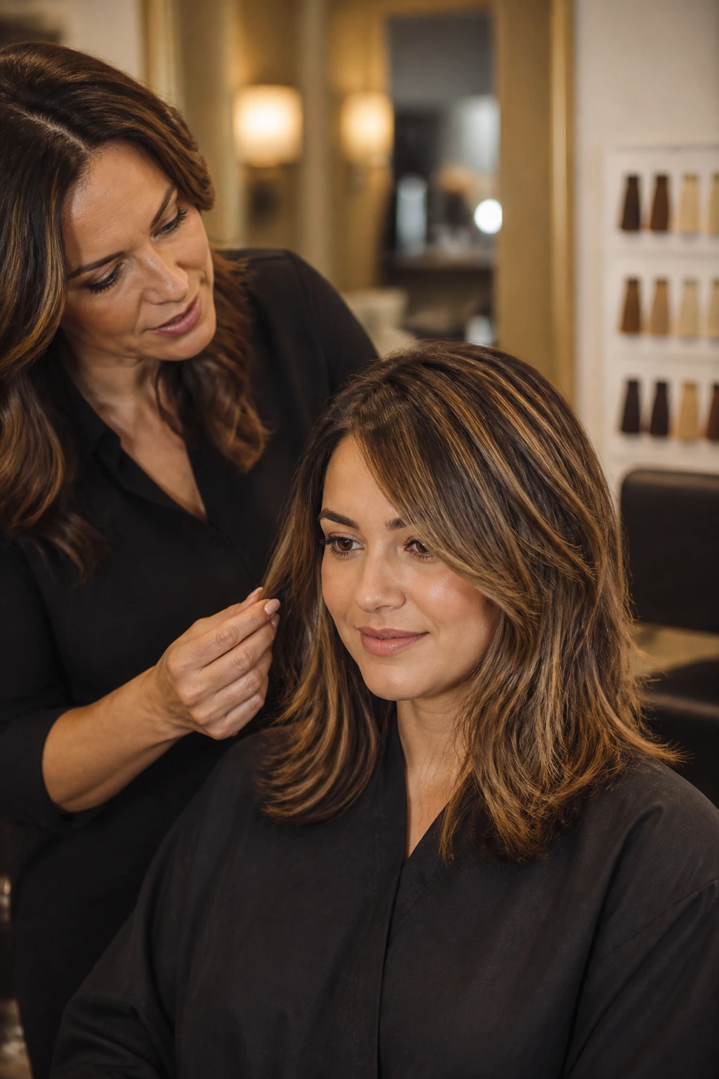 Stylist consulting with client in a warm salon, hair-focused
